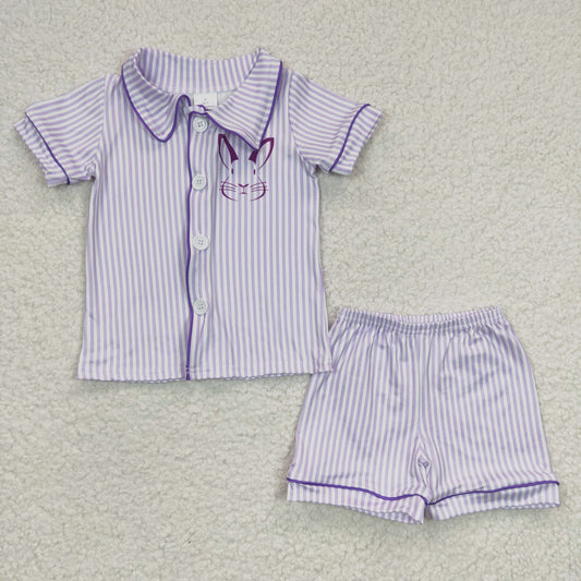 BSSO0105 Baby Boys Lavender Stripe Rabbit Button Top Shorts Easter Pajamas Sets