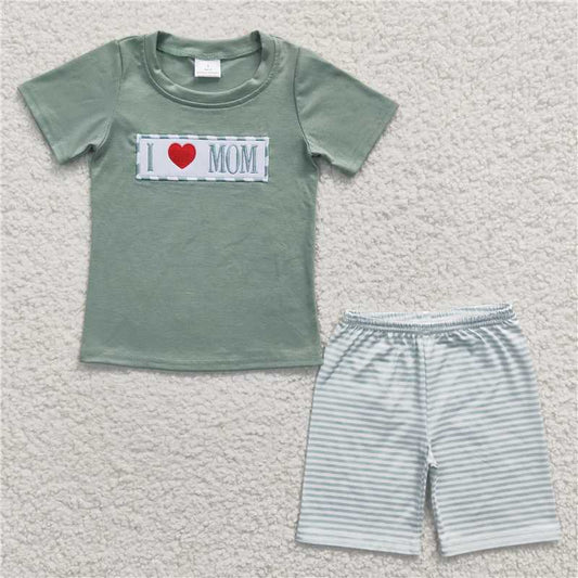 boys I LOVE MOM embroidery tees shorts sets BSSO0173