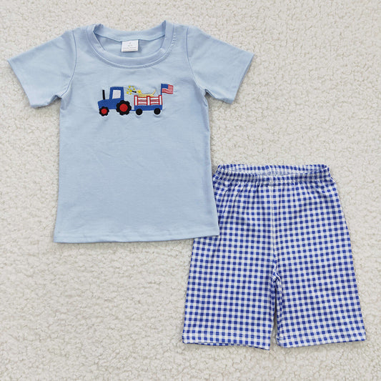 BSSO0195 baby BOYS Embroidery 4th of july truck flag shirt shorts outfits sets