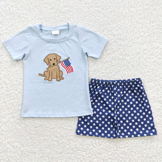 boys USA flag puppy embroidery t-shirts shorts sets BSSO0227