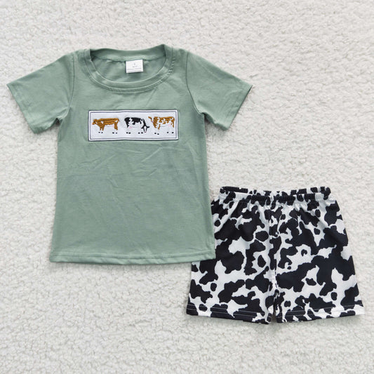 boys pasture cow embroidery t-shirts+shorts sets BSSO0264