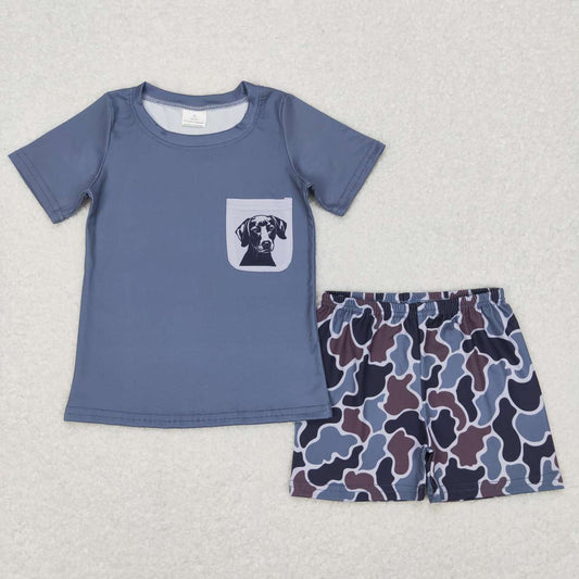 BSSO0304 baby boy clothes camouflage dog summer shorts set