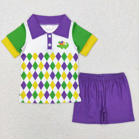 BSSO0311 baby boy clothes mardi gras crocodile summer shorts set