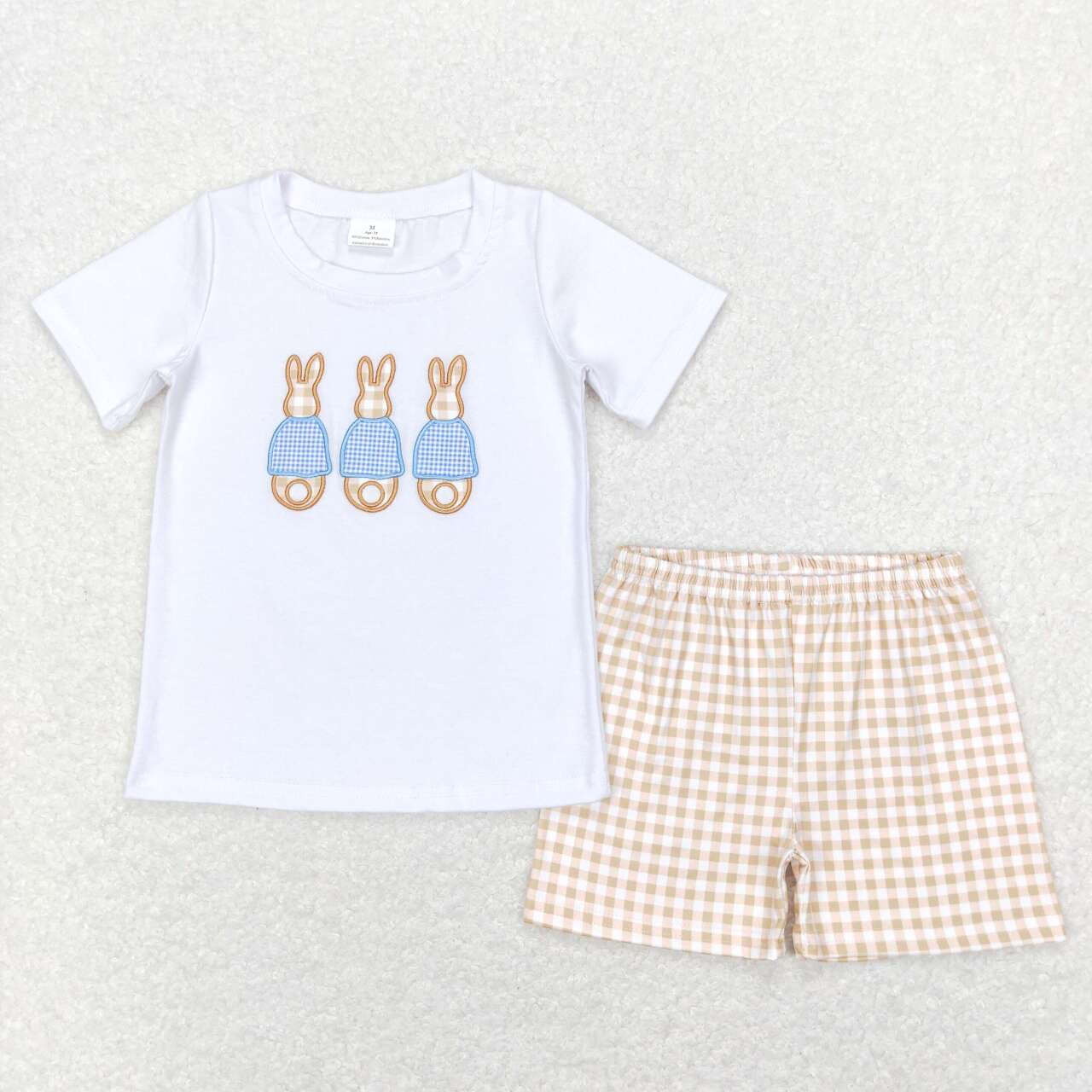 BSSO0383  kids clothes embroidery bunny khaki plaid boy summer outfits