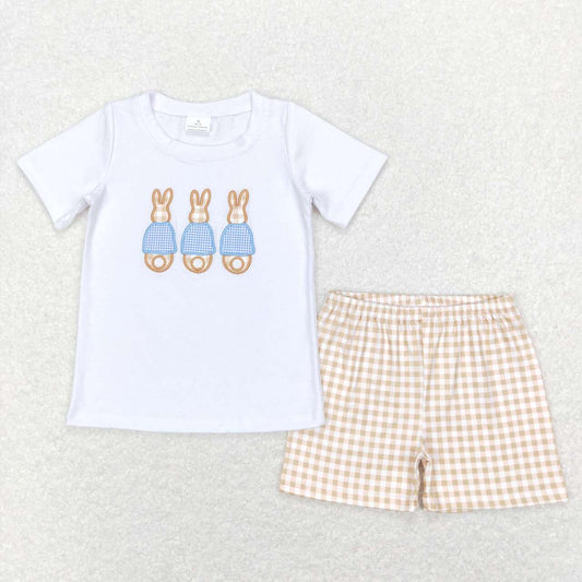 BSSO0383  kids clothes embroidery bunny khaki plaid boy summer outfits