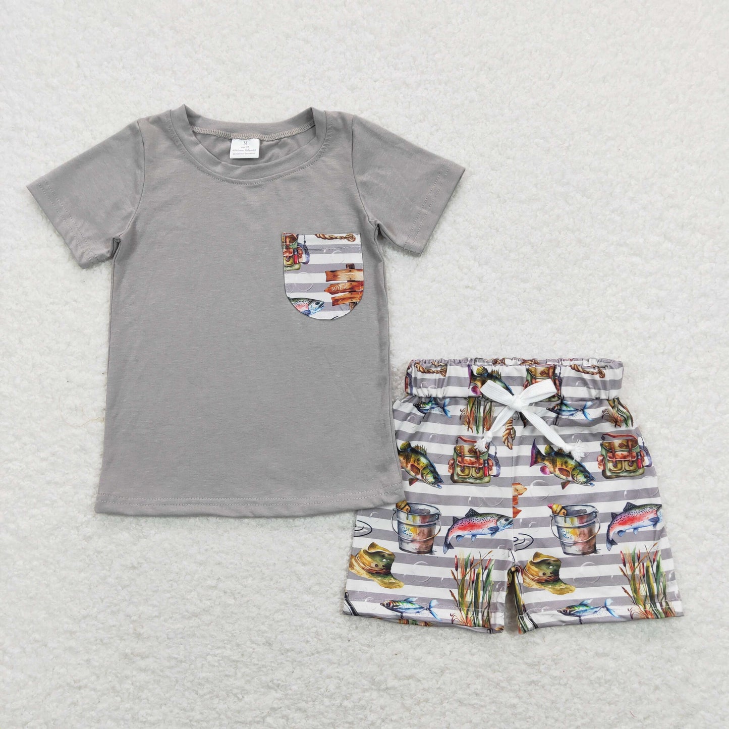 Sibling Baby Boys Short Sleeve Dogs Ducks Fishing Pocket Top Shorts Hunting Clothes Sets