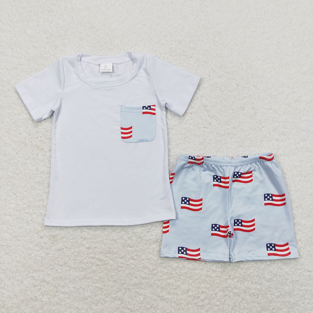 2 Colors Sibling Baby Boys 4th of July Flags Pocket Shirts Shorts Outfits