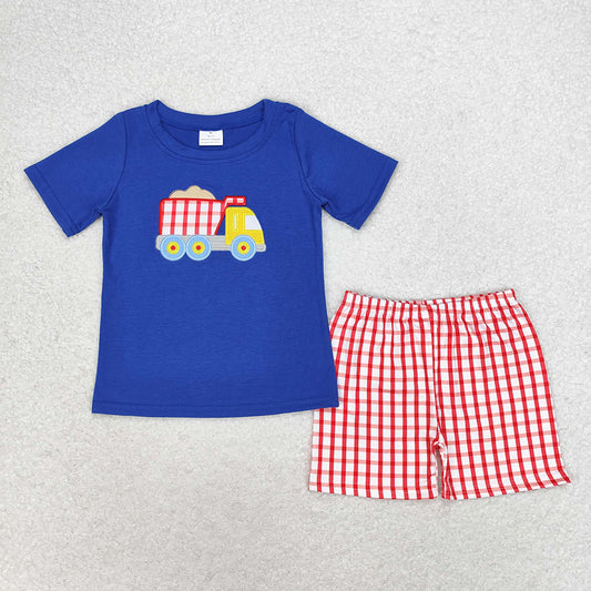 BSSO0857 baby boy clothes blue trucks embroidery summer outfits