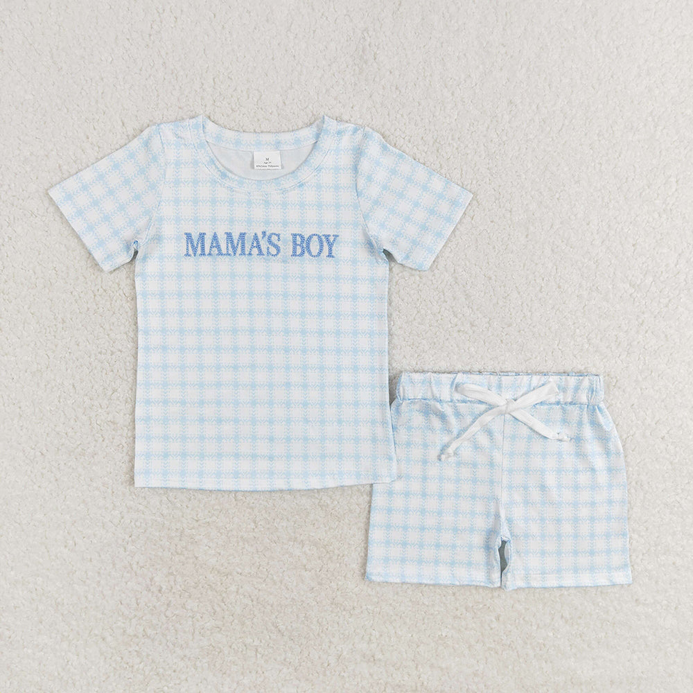 BSSO0912baby boy clothes mama's boy embroidery checkered summer outfits