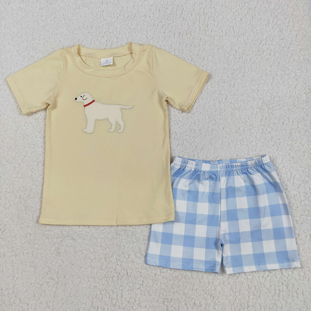 BSSO1058 baby boy clothes dog embroidery top checkered shorts summer outfits
