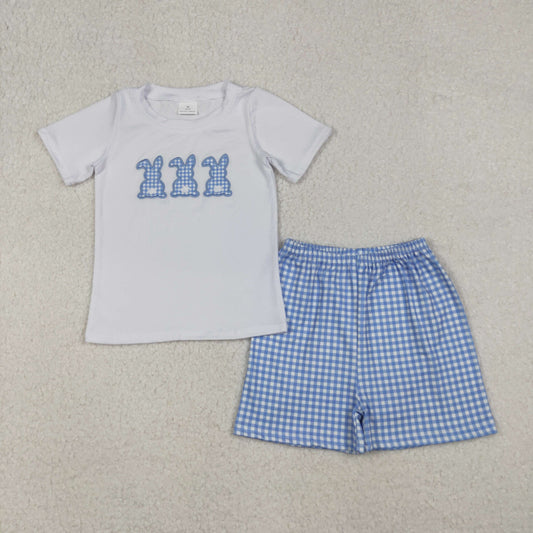 BSSO1123 Baby Boys Embroidery Blue Checked Rabbits Top Shorts Easter Clothes Sets