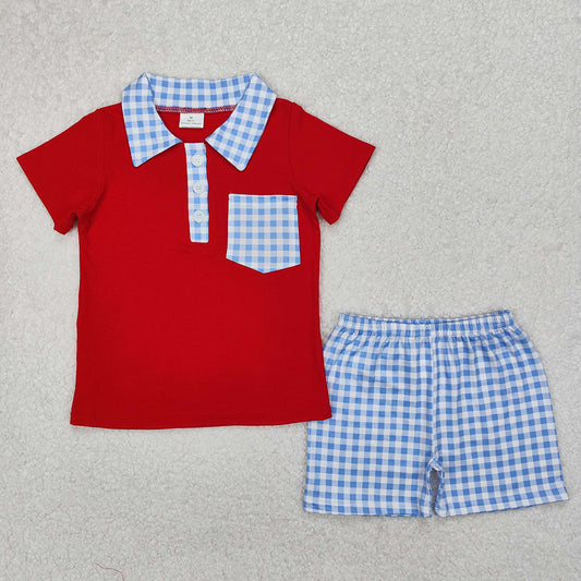 BSSO1152 baby boy clothes red pullover top checkered shorts summer outfits