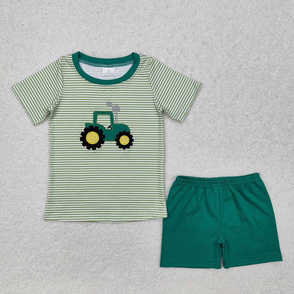 BSSO1184 baby boys clothes farm green tractor embroidery summer outfits