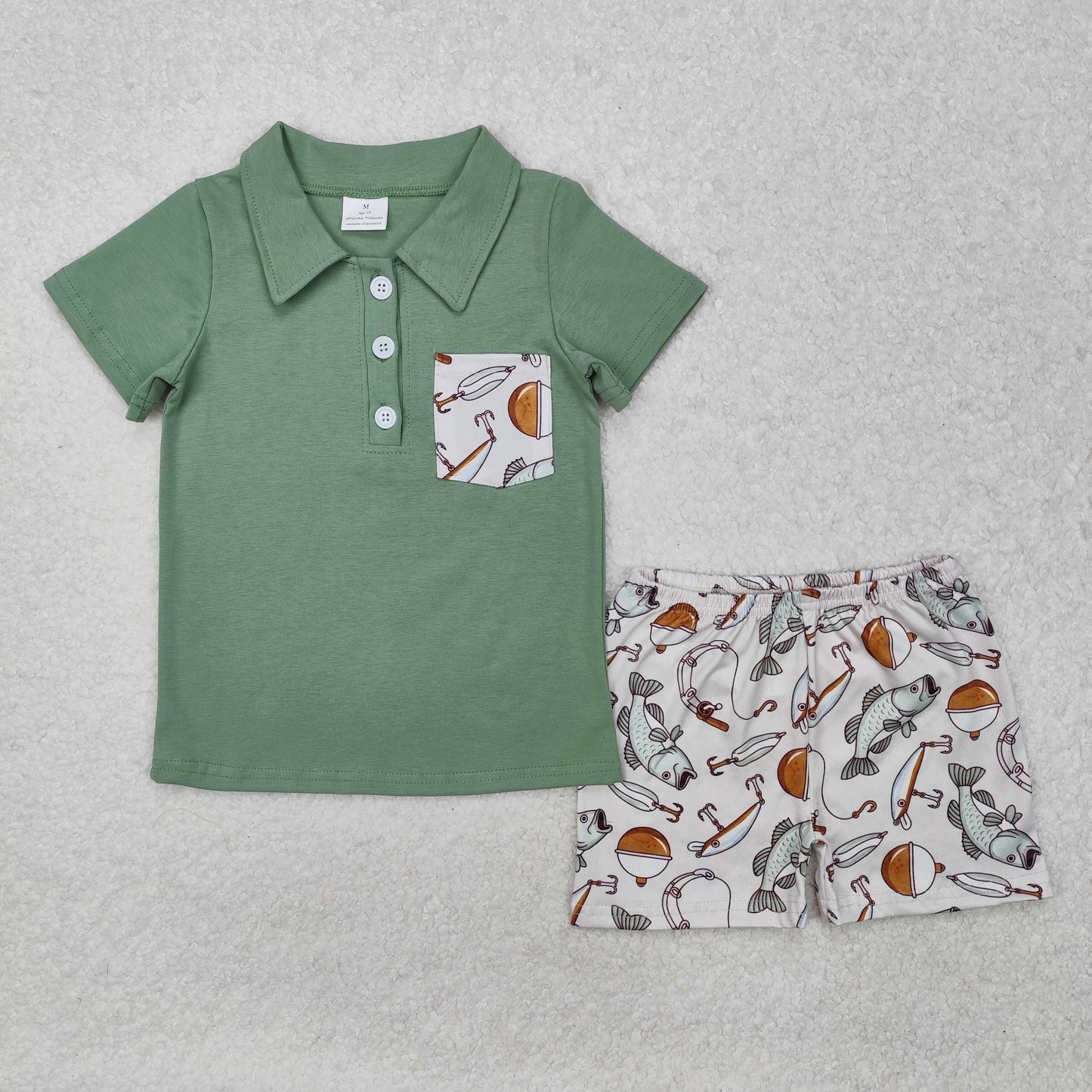 Sibling Baby Boys Ducks Fishing Print Button Polo Shirts Pockets Short Western Set