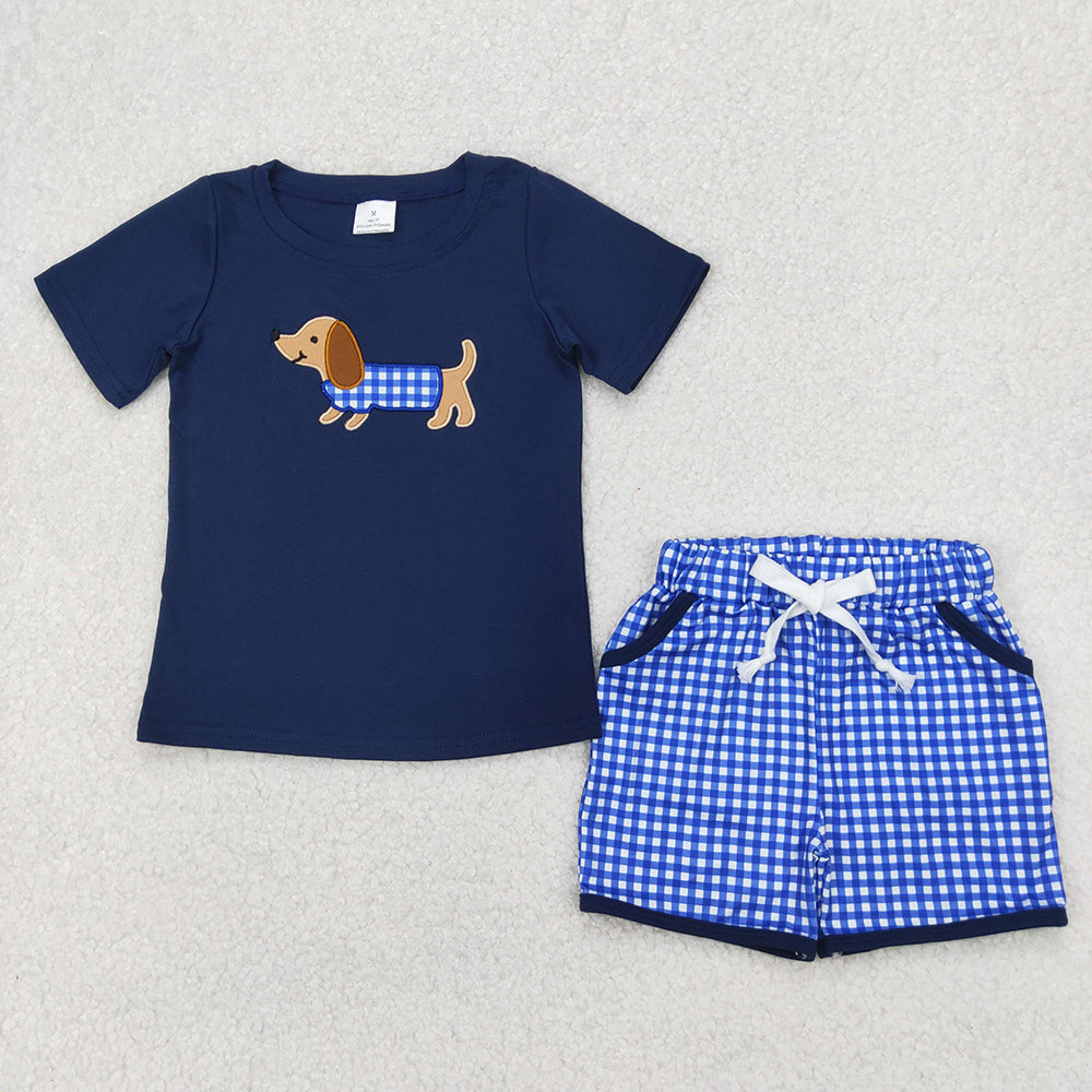 BSSO1227 baby boy blue dog embroidery shirt checkered summer outfits