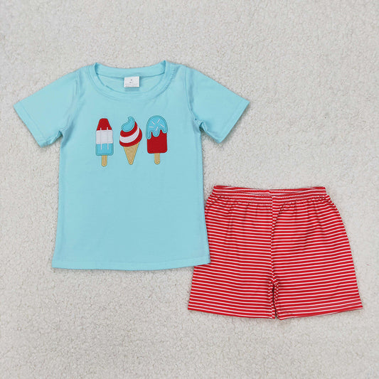 BSSO1269 baby boy aqua popstick embroidery shirt shorts summer outfits