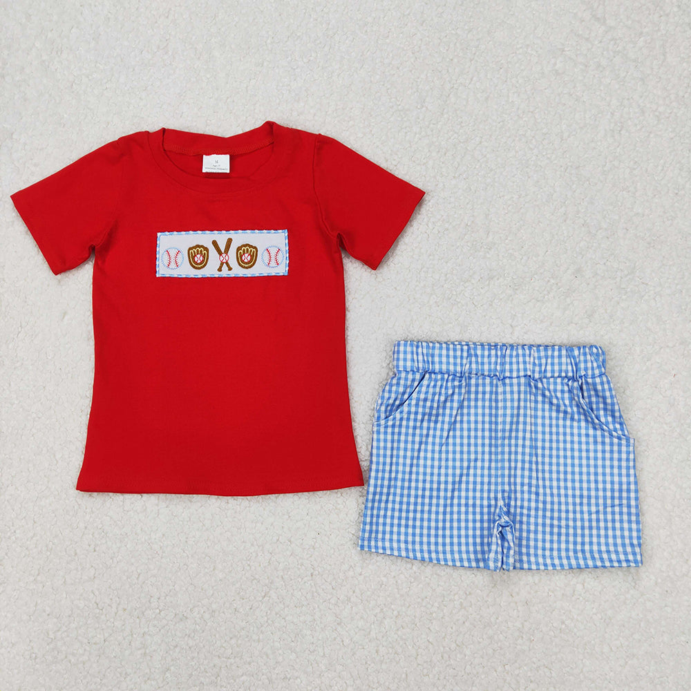 BSSO1283 baby boy red baseball embroidery shirt shorts summer outfits
