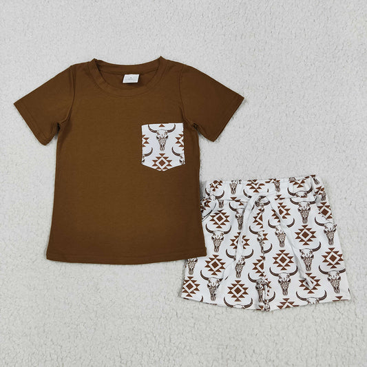 BSSO1319 baby boy clothes Western brown cow aztec summer outfits
