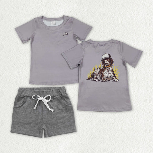 BSSO1335 baby boys dog hunting top grey summer outfits sets