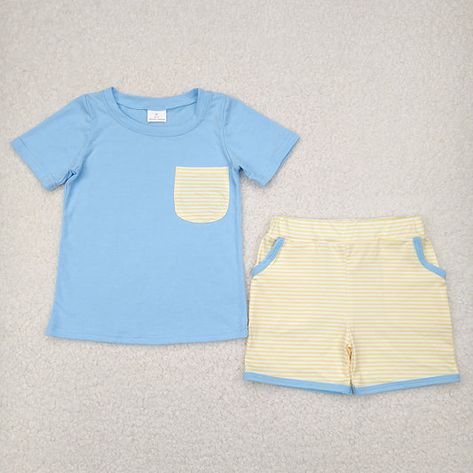 BSSO1393 baby boy clothes blue top stripes pocket shorts summer outfits