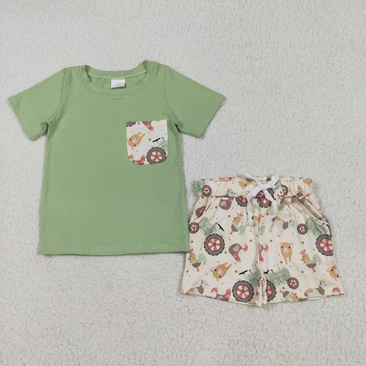 BSSO1460 baby boy clothes green farm shorts summer outfits