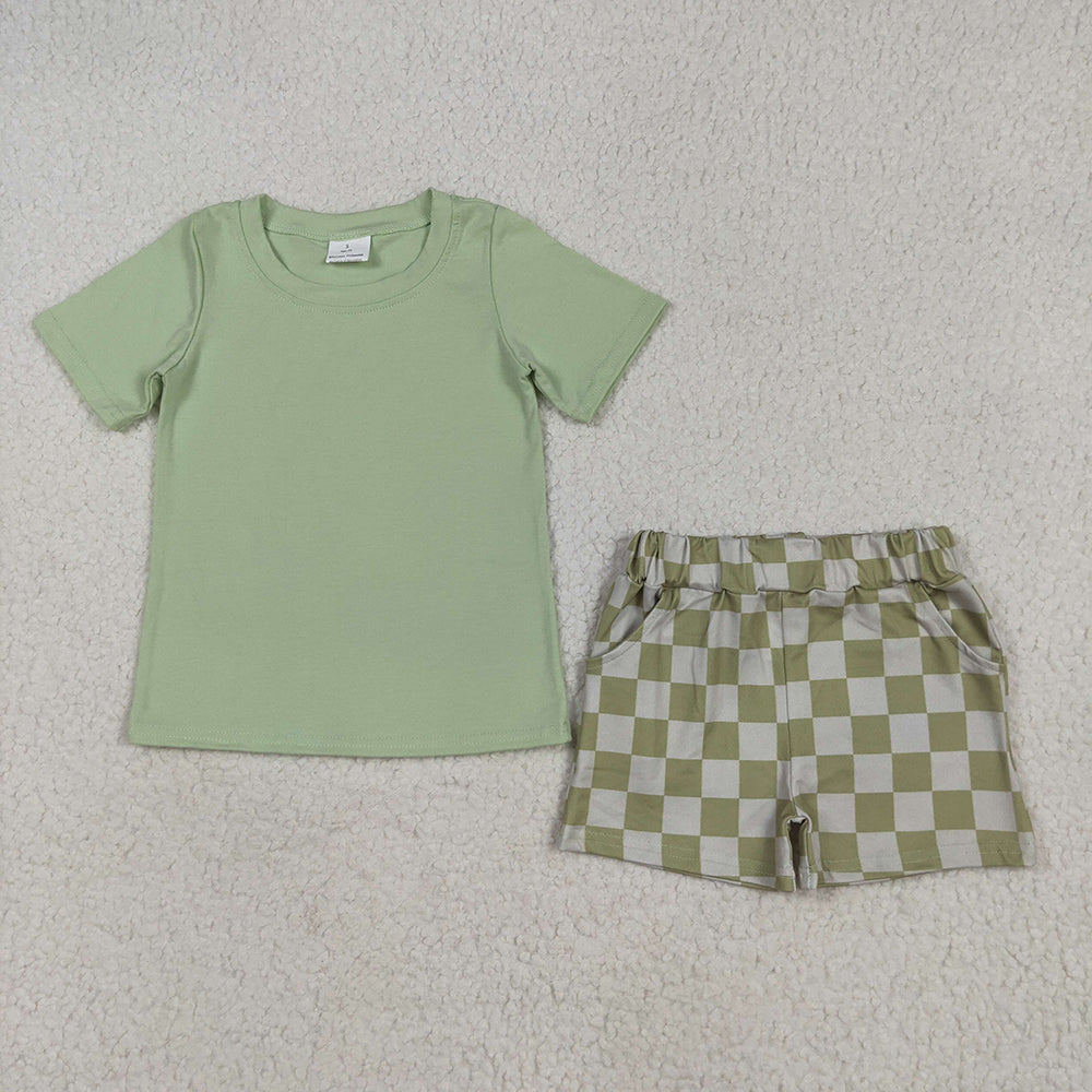 BSSO1470 baby boy clothes green top checkered shorts summer outfits