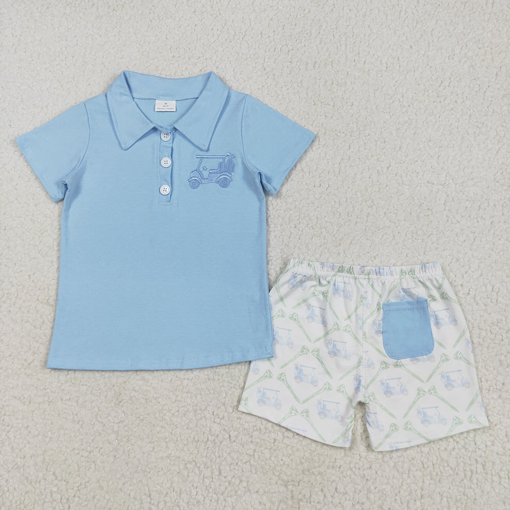 BSSO1494baby boy clothes embroidery blue top golf shorts summer outfits