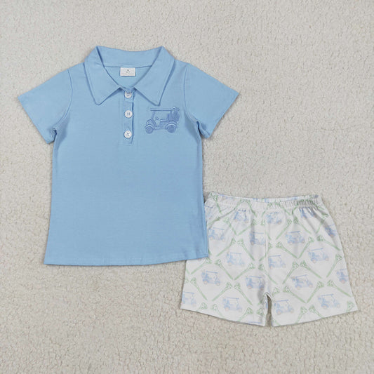 BSSO1494baby boy clothes embroidery blue top golf shorts summer outfits