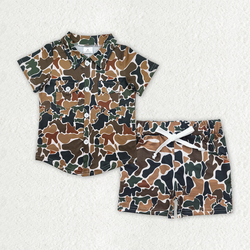 Sibling Baby Boys Camo Print Button Shirts Top Pockets Short Western Set