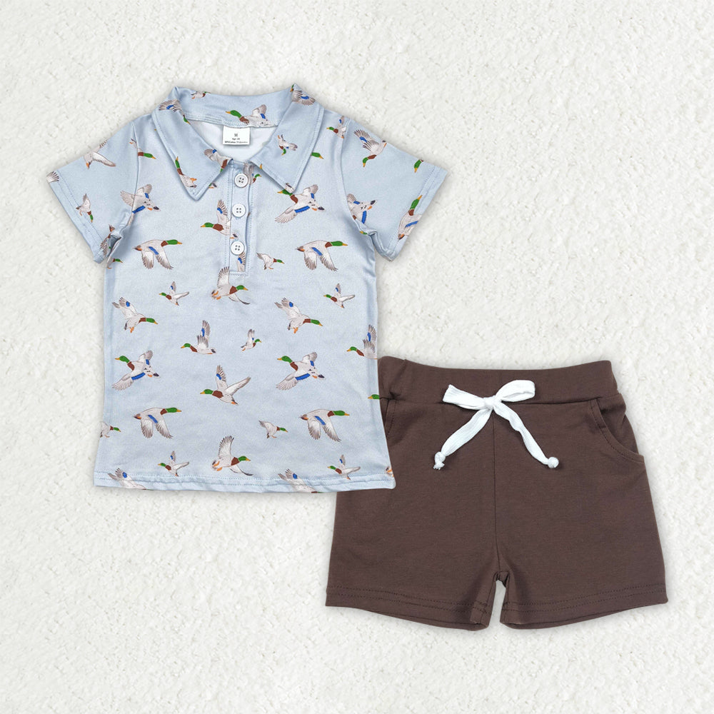 Sibling Baby Boys Ducks Fishing Print Button Polo Shirts Pockets Short Western Set