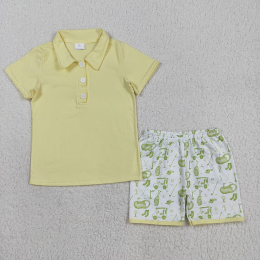 BSSO1546 Baby Boys Yellow Button Top Golf Print Shorts Clothes Set