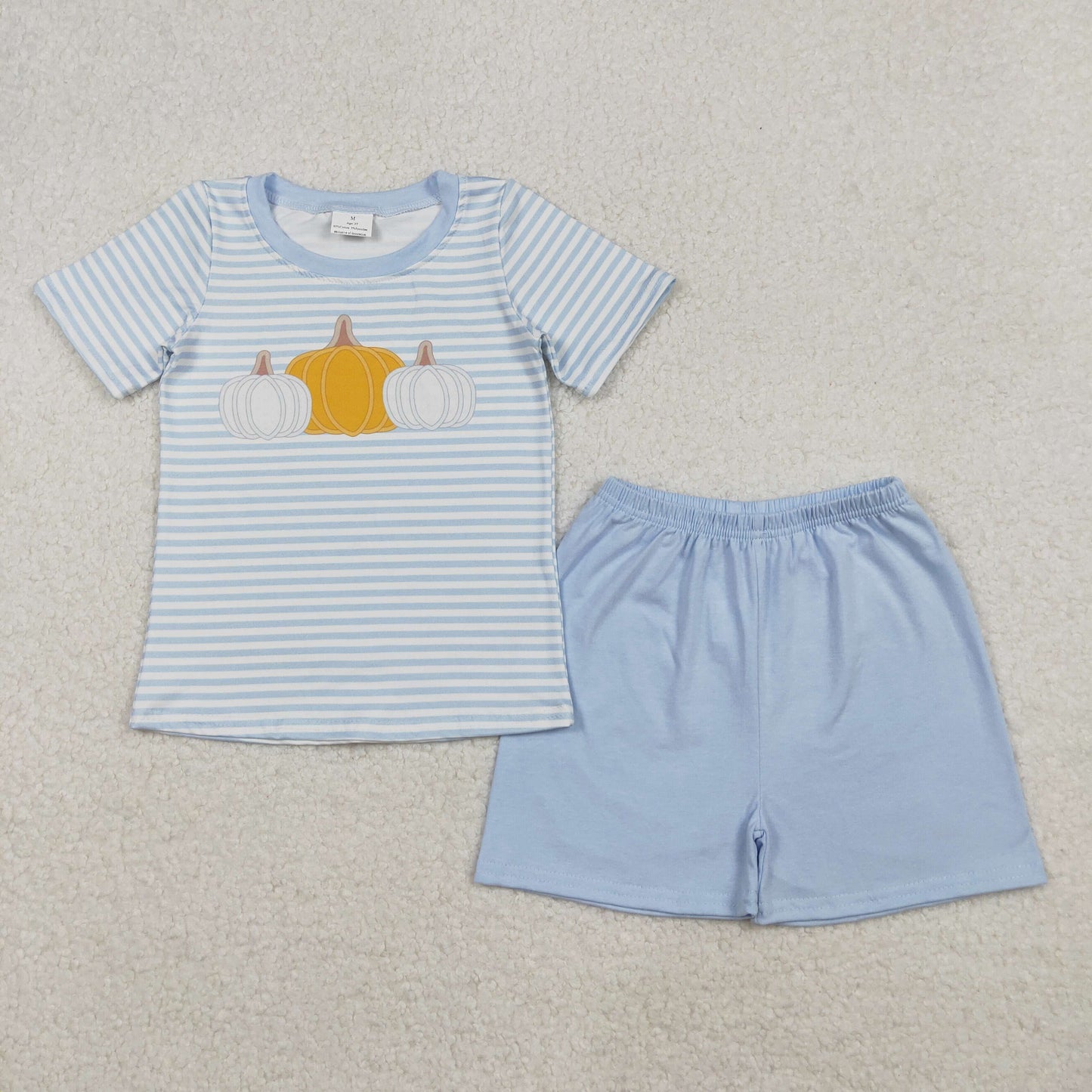BSSO1548 Baby Boys Blue Stripe Pumpkins Top Shorts Fall Clothes Sets