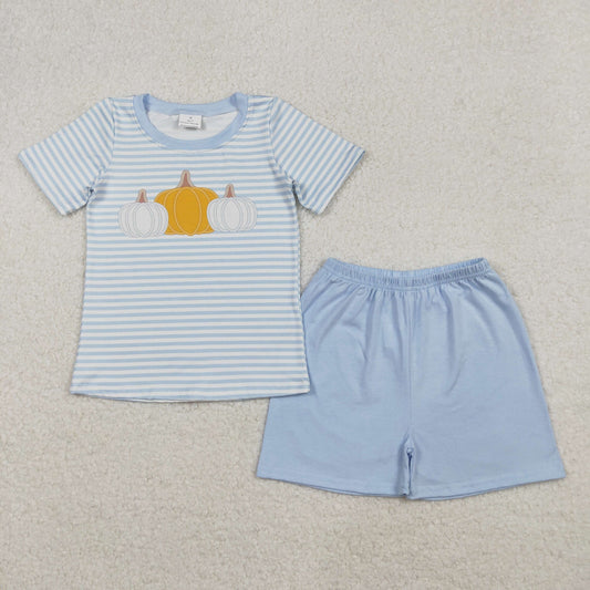 BSSO1548 Baby Boys Blue Stripe Pumpkins Top Shorts Fall Clothes Sets