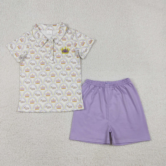 BSSO1565 Baby Boys Embroidery Masks Crowns Checked Button Top Shorts Mardigras Clothes Sets
