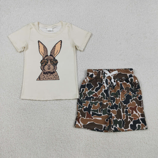 BSSO1582 Baby Boys Rabbits Top Dark Brown Camo Pockets Shorts Easter Clothes Sets