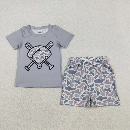 BSSO1589 Baby Boys Light Grey Camo Baseballs Top Pockets Shorts Team Clothes Sets