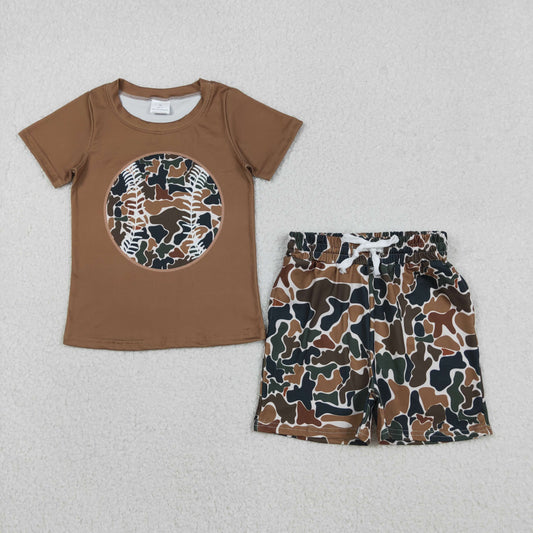 BSSO1597 Baby Boys Dark Brwon Camo Baseballs Top Pockets Shorts Team Clothes Sets