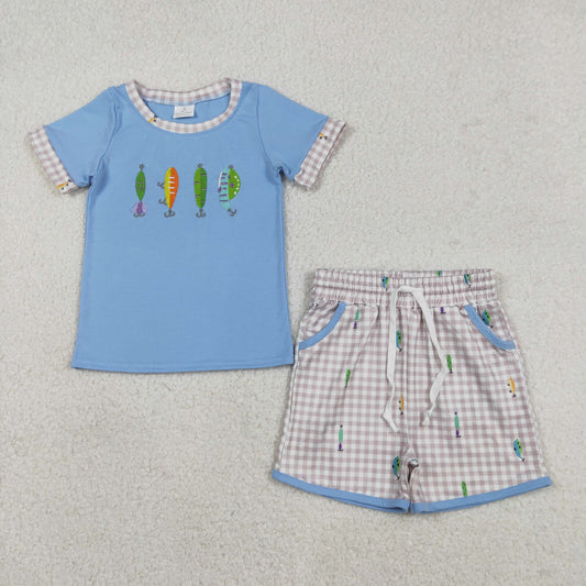 BSSO1603 Baby Boys Embroidery Fishing Top Checked Pockets Shorts Hunting Clothes Sets