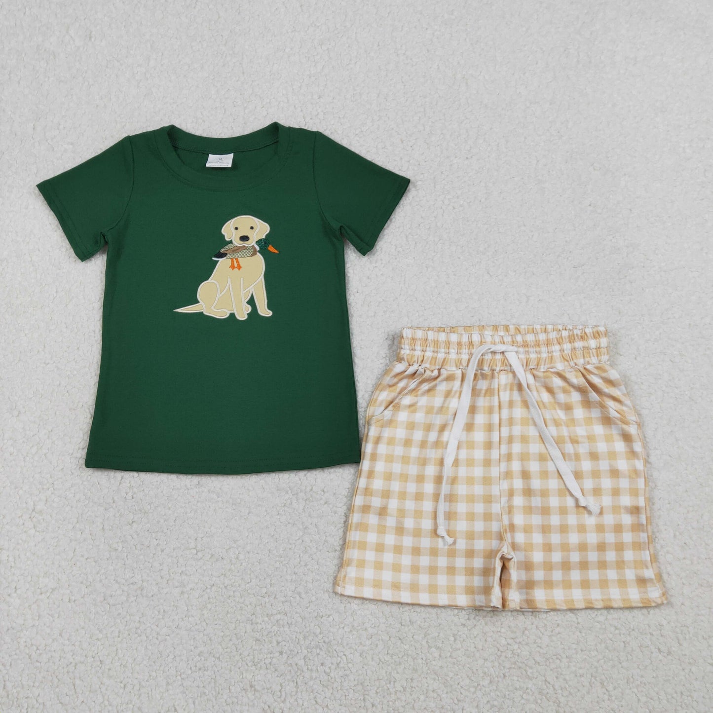 Sibling Baby Boys Embroidery Dog Ducks Top Checked Pockets Short Hunting Clothes Sets