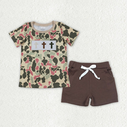 BSSO1780 Baby Boys Embroidery Crosses Camo Top Pockets Shorts Easter Clothes Sets