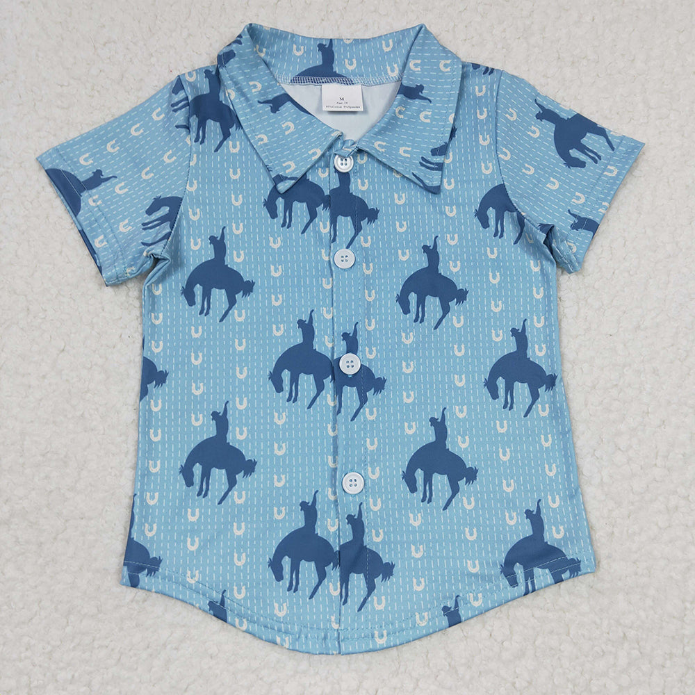 BT0164 boy clothes western blue rodeo summer button up tops