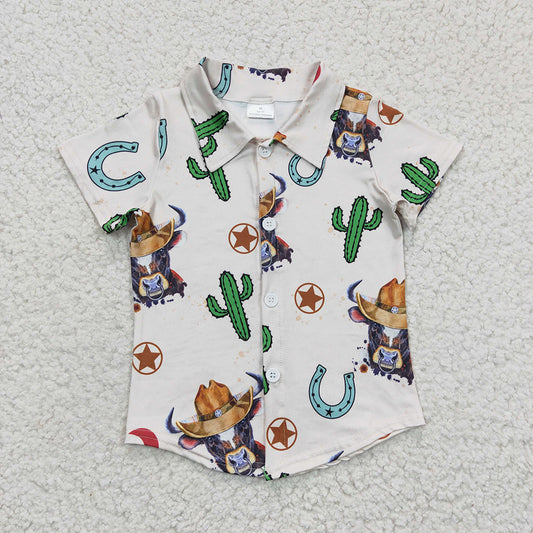 BT0213 boy clothes boy western cow cactus summer button up tops