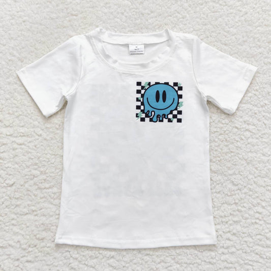 BT0351 boy smiley plaid print white tops short sleeve T-shirt