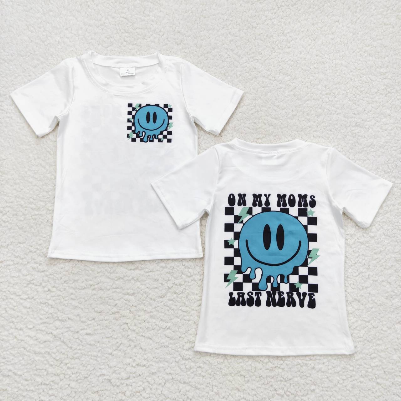 BT0351 boy smiley plaid print white tops short sleeve T-shirt