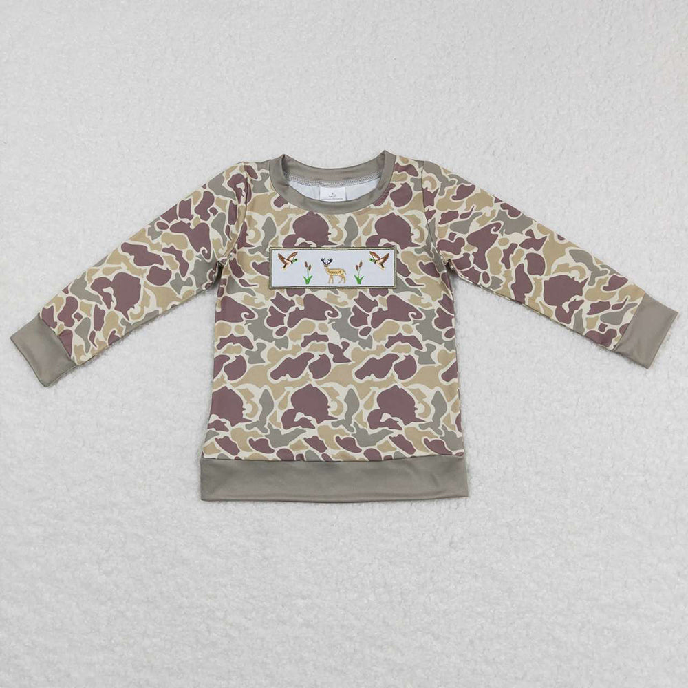 Sibling Baby Boys Embroidery Deer Ducks Top Khaki Camo Pants Hunting Clothes Sets Rompers