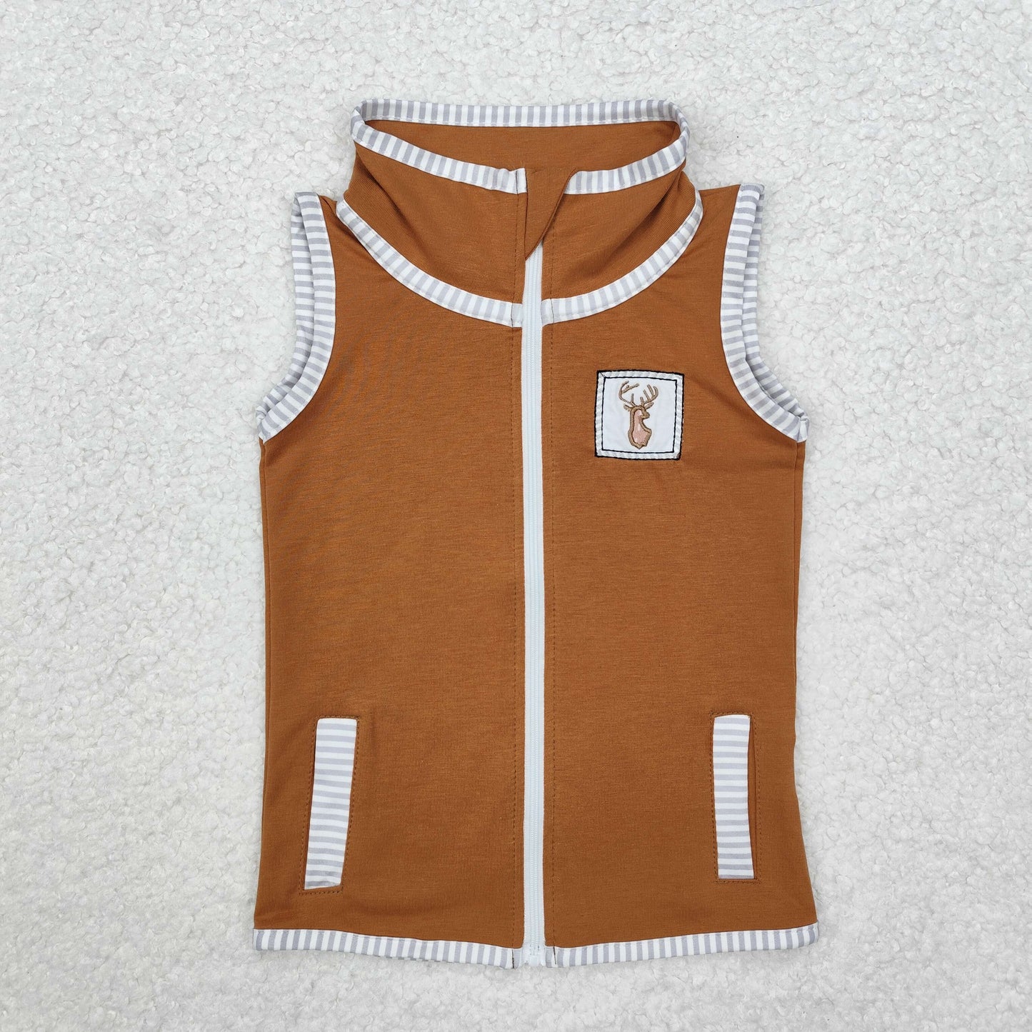 Sibling Baby Boys Sleeveless Embroidery Deer Dog Duck Pocket Zipper Jackets Top