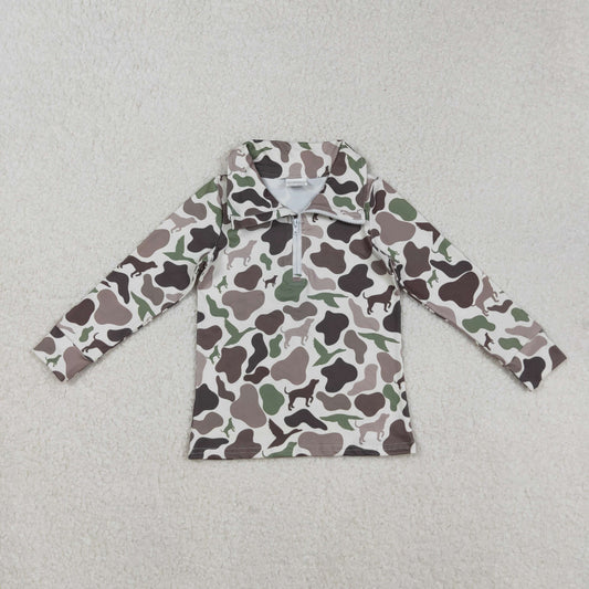 BT0955 Baby Boys Brown Green Dogs Ducks Deer Camo Zipper Pullovers Top