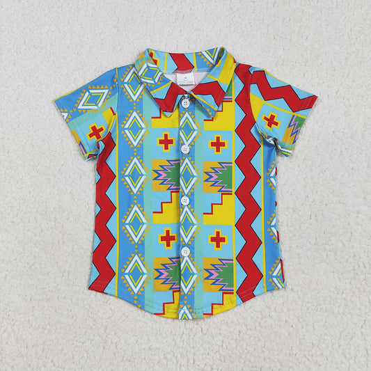 BT1225 baby boys blue aztec buttons short sleeve summer tshirts