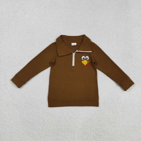 BT1265 Baby Boys Brown Embroidery Turkey Zipper Halloween Pullovers Top