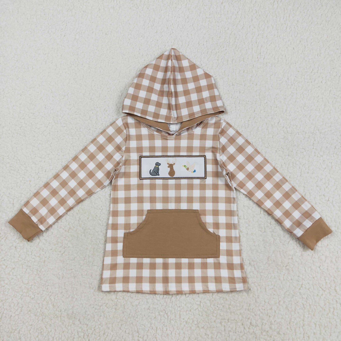 BT1285 Baby Boys Khaki Checked Embroidery Dog Deer Ducks Pockets Hunting Hoodies Top